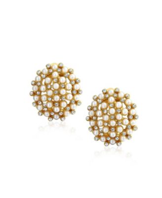 Art Deco Geometric Round White Pearl Clip-On Earrings 14K Gold Plated Fashion
