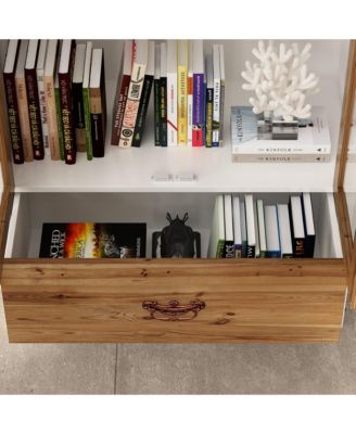 White Wooden 3-Shelf Standard Bookcase with Acrylic Door, Drawer