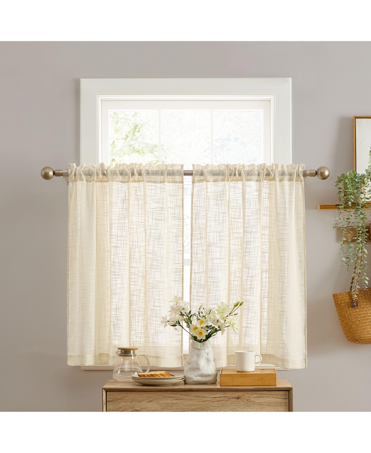 Hlc.me Linda Faux Linen Textured Semi Sheer Privacy Light Filtering Transparent Rod Pocket Short Thick Cafe Curtain Tiers for Windows, Kitchen &