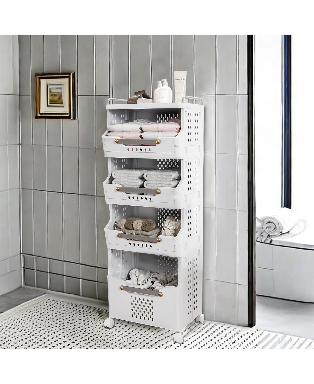 Slickblue 4-Tier Rolling Storage Cart with Wheels, Large Capacity Utility Cart for Kitchen, Bathroom, Laundry