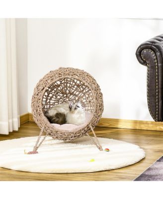 20.5" Weaved Cat Bed, Elevated Hand-woven Braided Banana Leaf Kitten House Condo with Cushion, Beige