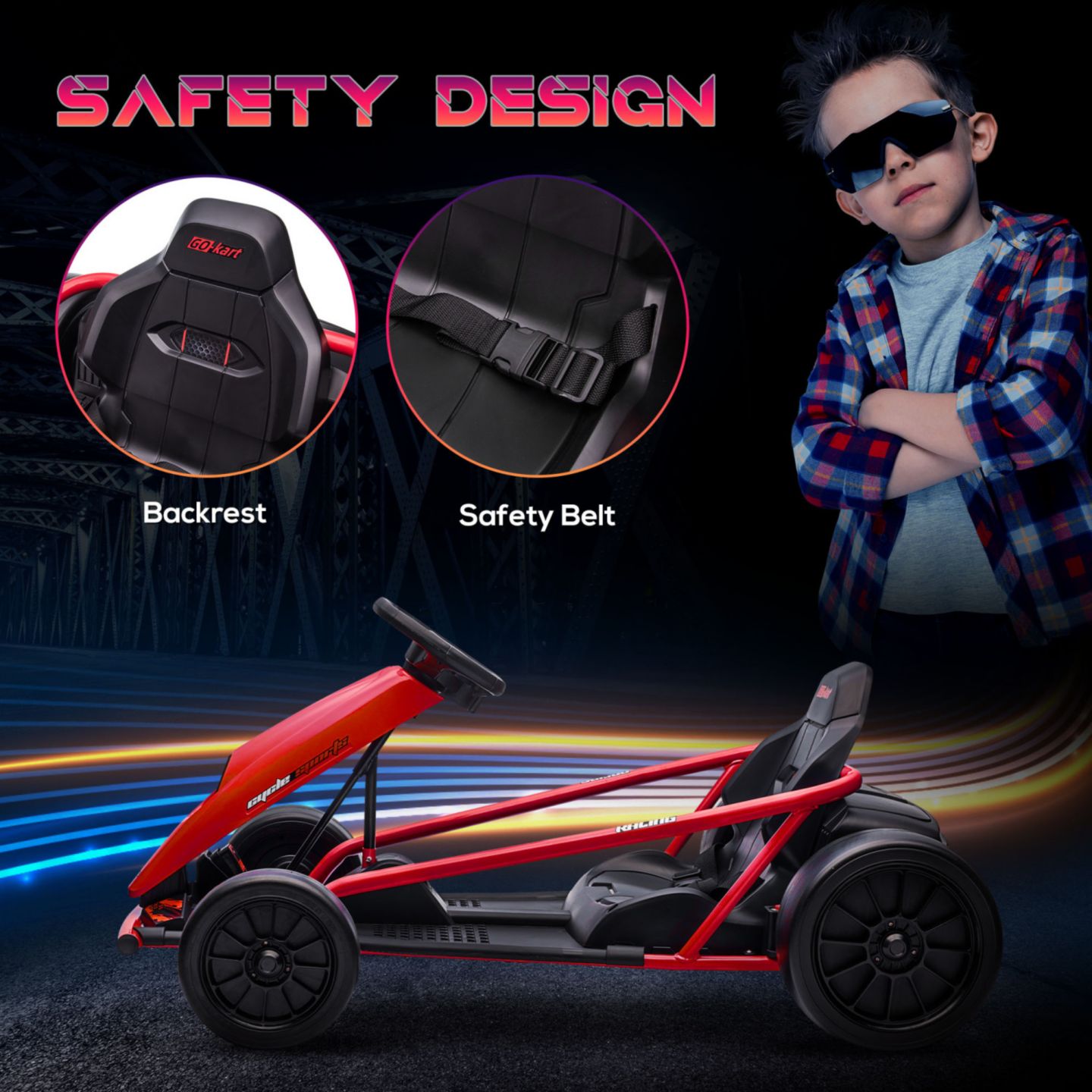 Детские игрушки Streamdale Furniture 24V 8.1 MPH Electric Go Kart, Drifting Car Battery Powered Ride on Toy Outdoor with Slow Start, Music, Horn Honking and Safety Belt, for 8-12 Years Old, Red — фото 3