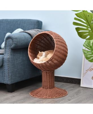 Elevated Cat Bed with Rotatable Egg Chair Pod, Cat Basket Bed with Thick Cushion, Natural Mat Grass Woven Kitty House, Brown