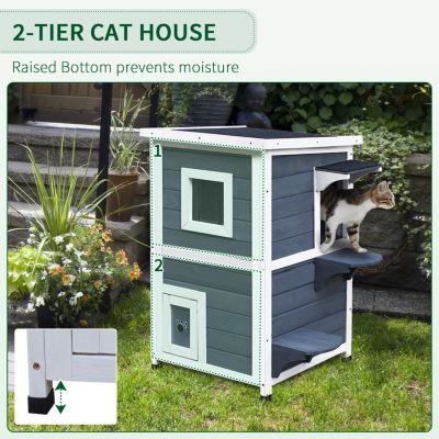 Outdoor Cat House with Escape Door, Weatherproof 2-Story Wooden Feral Cat Shelter with Opening Asphalt Roof, Dark Gray