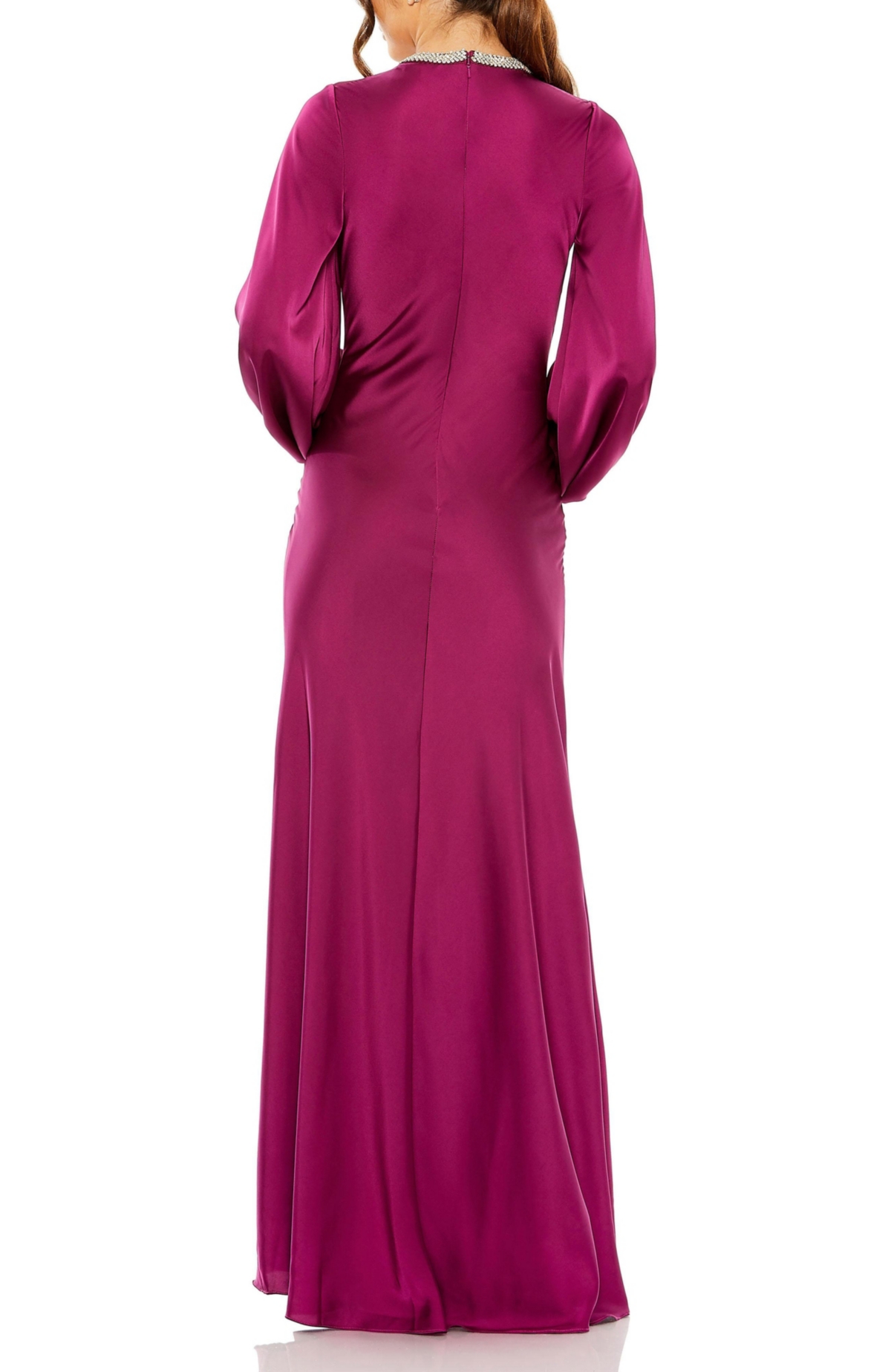 Mac Duggal Women's Ieena Satin Long Blouson Sleeve Evening Gown