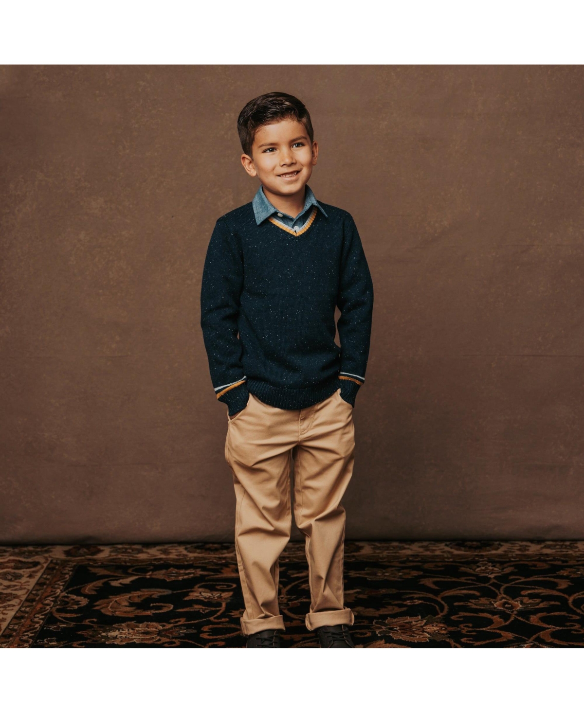 Hope & Henry Boys Organic Long Sleeve V-Neck Sweater - Navy fleck with tipping