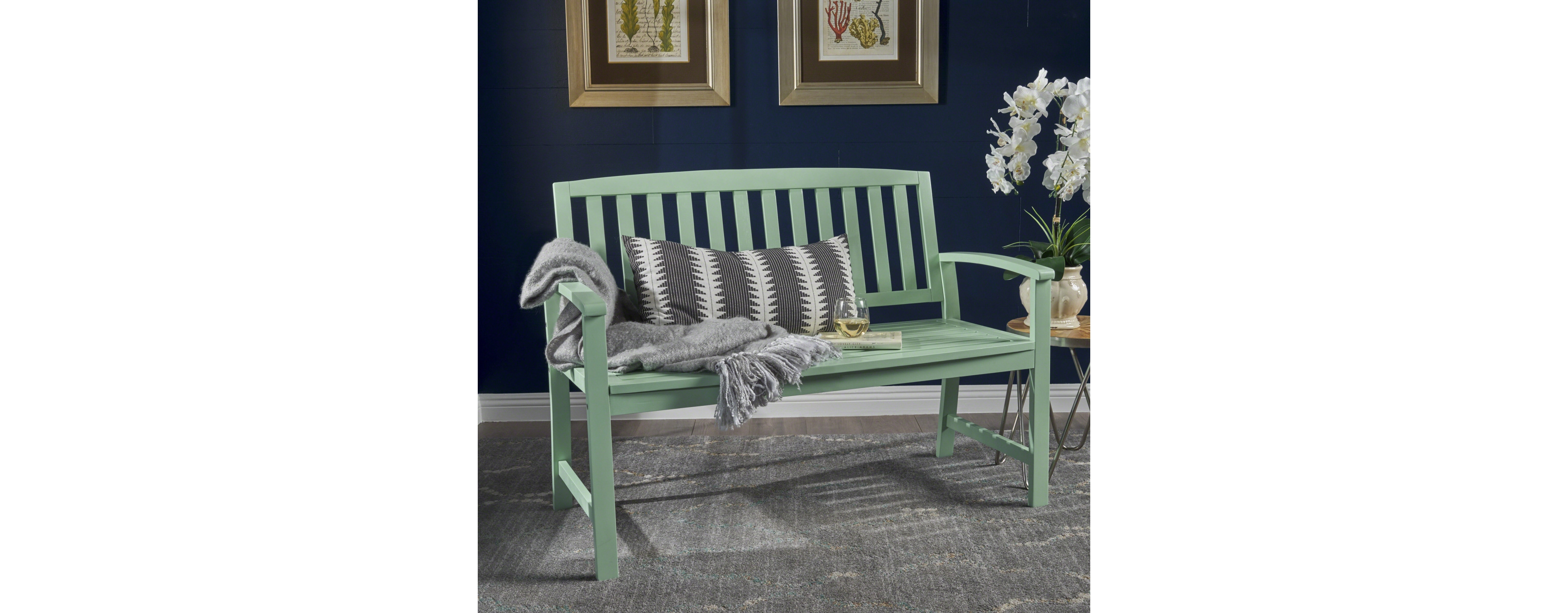 Farmhouse-Style Acacia Wood Bench In Light Mint