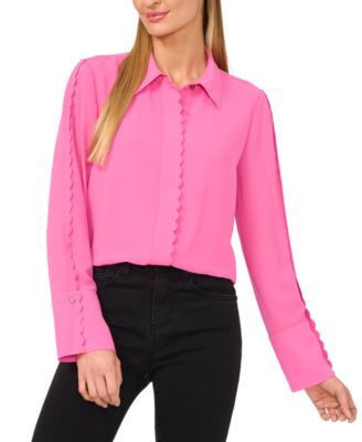 CeCe - Women's Scalloped-Trim Collared Long-Sleeve Blouse