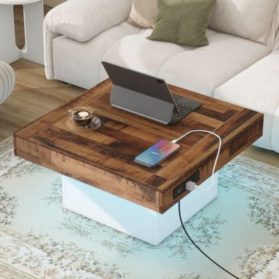 Farmhouse Coffee Table with USB & Outlets, Rustic LED Cocktail Table, 31