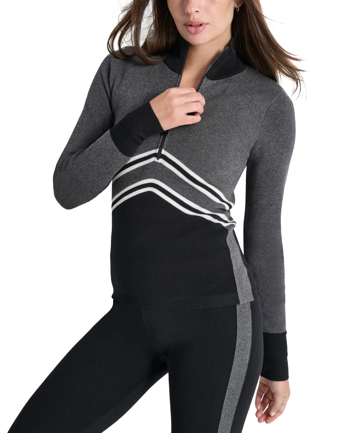 Shop Dkny Women's Apres Ski Chevron-stripe Half-zip Sweater In Black Charcoal Heather Ivory