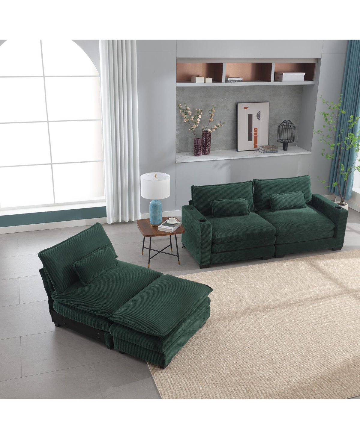 Streamdale Furniture L Shape Sofa Couch with Usb & Cup Holders, Corduroy Stripe Fabric 3 Seater Sofa with Ottoman,- Green