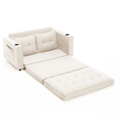 3-in-1 Upholstered Sofa Bed with Mattress, Pull Out Sleeper, Beige