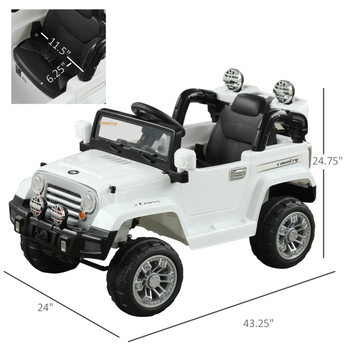 Streamdale Furniture Kids Ride-on Car, Off-Road Truck with MP3 Connection, Working Horn, Steering Wheel, and Remote Control, 12V Motor,- White