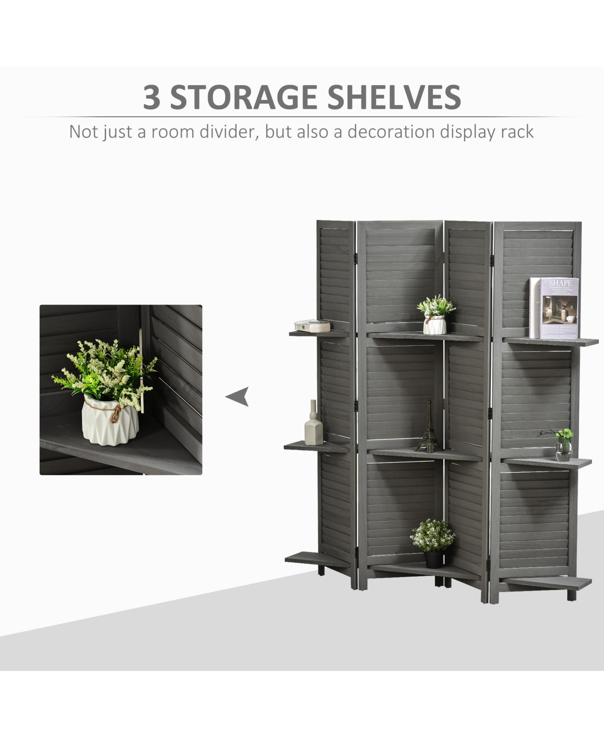 Streamdale Furniture 4-Panel Folding Room Divider, 5.6 Ft Freestanding Paulownia Wood Privacy Screen Panel with Storage Shelves for Bedroom or Office
