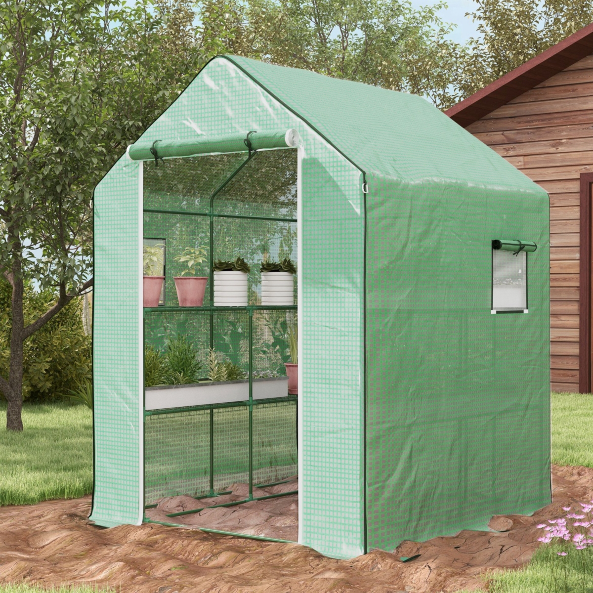 Streamdale Furniture 4.6' x 4.7' Portable Greenhouse, Water/Uv Resistant Walk-In Small Outdoor Greenhouse with 2 Tier U-Shaped Flower Rack Shelves, Ro