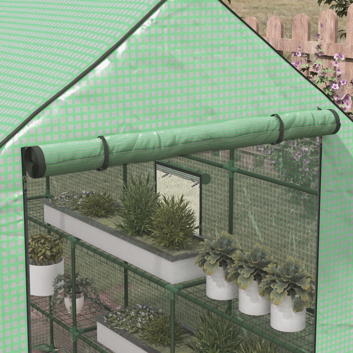 Streamdale Furniture 4.6' x 4.7' Portable Greenhouse, Water/Uv Resistant Walk-In Small Outdoor Greenhouse with 2 Tier U-Shaped Flower Rack Shelves, Ro