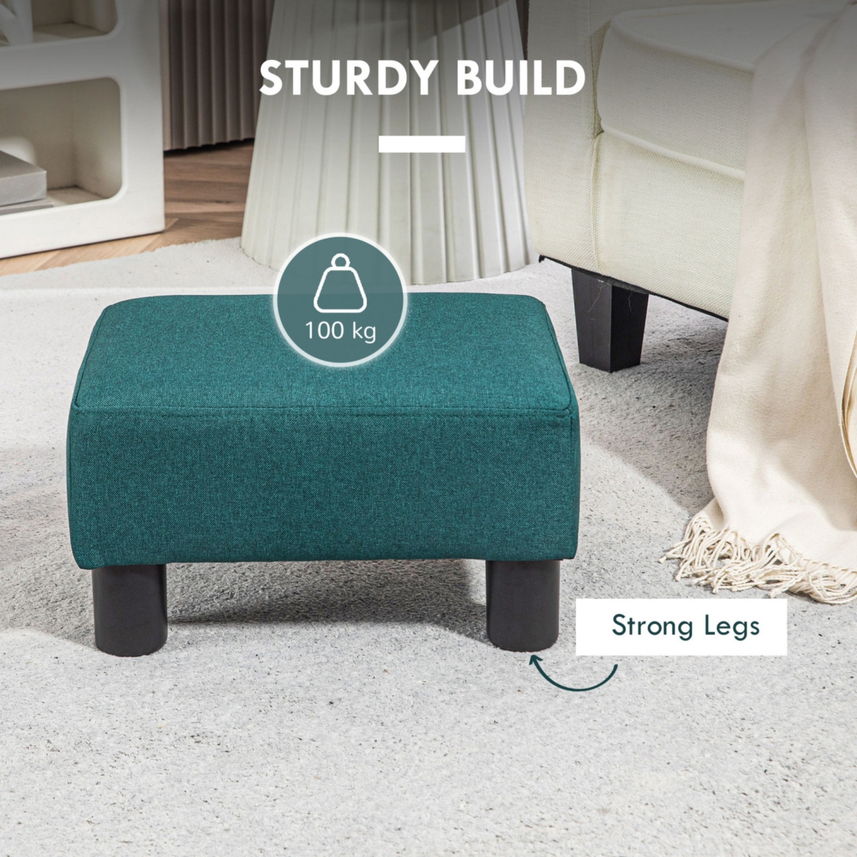 Streamdale Furniture Ottoman Foot Rest, Small Foot Stool with Linen Fabric Upholstery and Plastic Legs, Cube Ottoman for Living Room,- Green