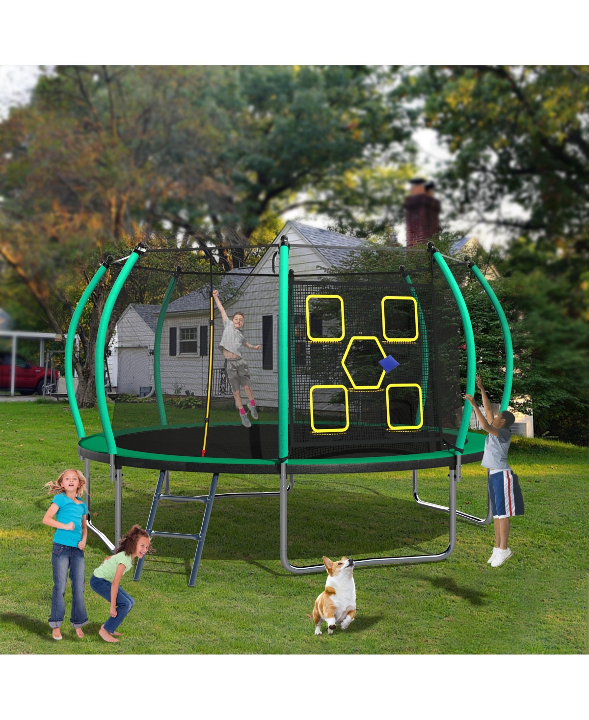 Streamdale Furniture 14FT Trampoline with Enclosure - Recreational Trampolines with Ladder, Astm Approval Outdoor Trampoline for Kids - Black+green