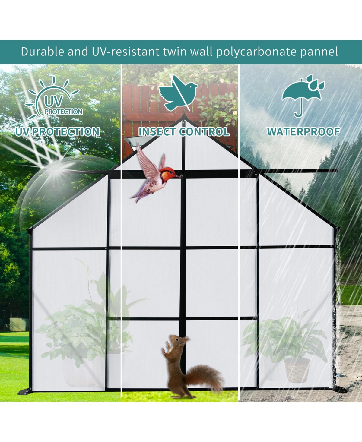 Streamdale Furniture 8X6FTDouble Door Polycarbonate Greenhouse Raised Base and Anchor Aluminum Heavy Duty Walk-in Greenhouses for Outdoor Backy