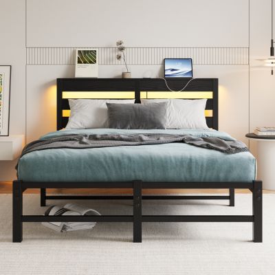 Streamdale Modern Metal Bed Frame with Lights, Outlets, Storage