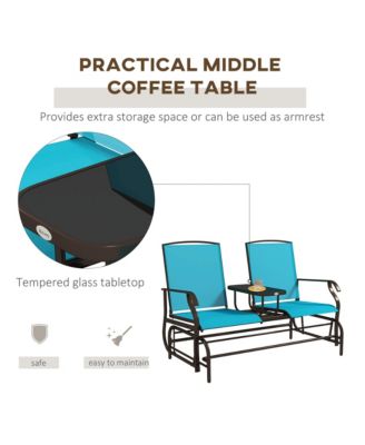 Outdoor Glider Bench with Center Table, Metal Frame Patio Loveseat with Breathable Mesh Fabric and Armrests for Backyard Garden Porch, Blue