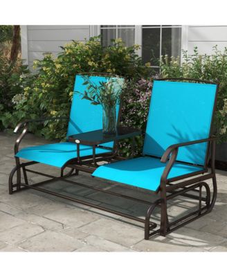 Outdoor Glider Bench with Center Table, Metal Frame Patio Loveseat with Breathable Mesh Fabric and Armrests for Backyard Garden Porch, Blue