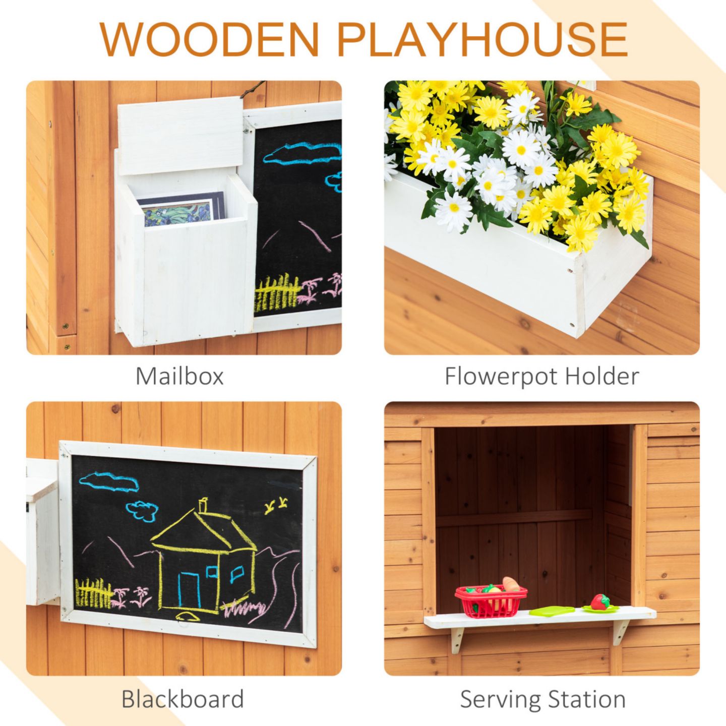 Детская игрушка Streamdale Furniture Wooden Playhouse for Kids Outdoor with Working Door, Windows, Mailbox, Bench, Flowers Pot Holder, 48" x 42.5" x 53", цвет: Жёлтый — фото 4