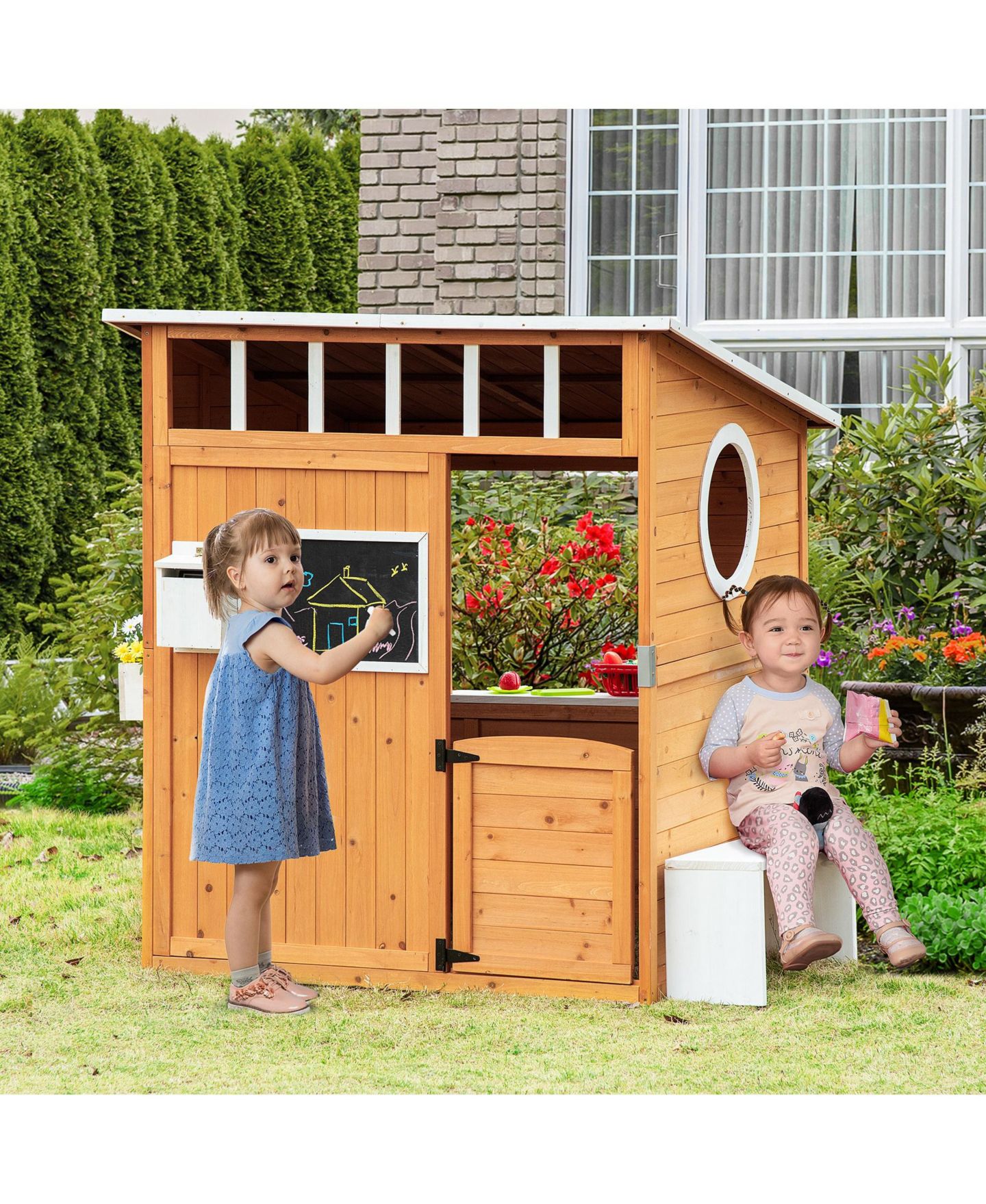 Детская игрушка Streamdale Furniture Wooden Playhouse for Kids Outdoor with Working Door, Windows, Mailbox, Bench, Flowers Pot Holder, 48" x 42.5" x 53", цвет: Жёлтый — фото 5