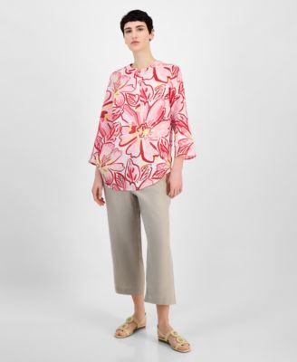 Womens Printed Linen 3 4 Sleeve Tunic Linen Solid Cropped Pull On Pants Exclusively At Macys