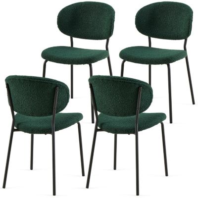 Boucle Dining Chairs (Set of 4), Dark Green with Black Metal Legs
