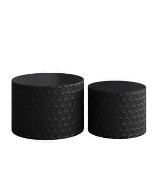 Stylish and Minimalist Nesting Coffee Table Set with Honeycomb Design, Modern Round Coffee Table, Drum Circle Coffee Table for Living Room, Bedroom, Black(Set of 2 Pieces)