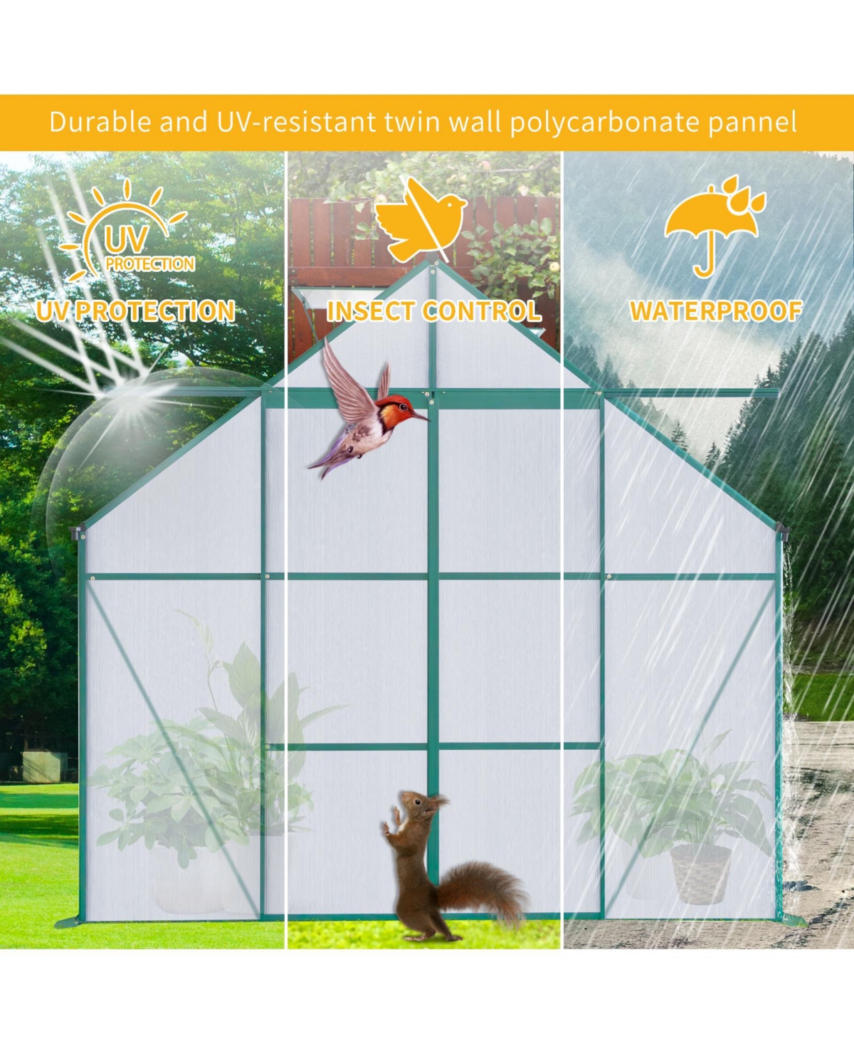 Streamdale Furniture 8x8 Ft Double Door Polycarbonate Greenhouse Raised Base and Anchor Aluminum Heavy Duty Walk-in Greenhouses for Outdoor Backyard i
