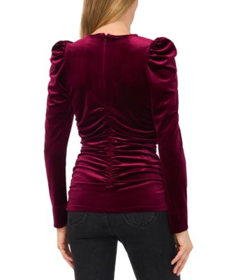 Women's Velvet V-Neck Ruched Long-Sleeve Top 