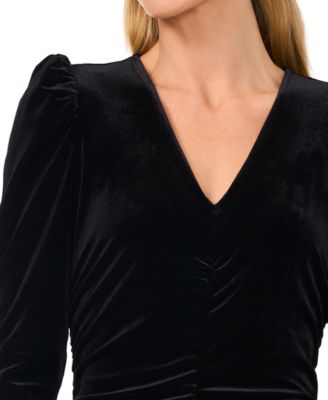 Women's Velvet V-Neck Ruched Long-Sleeve Top 