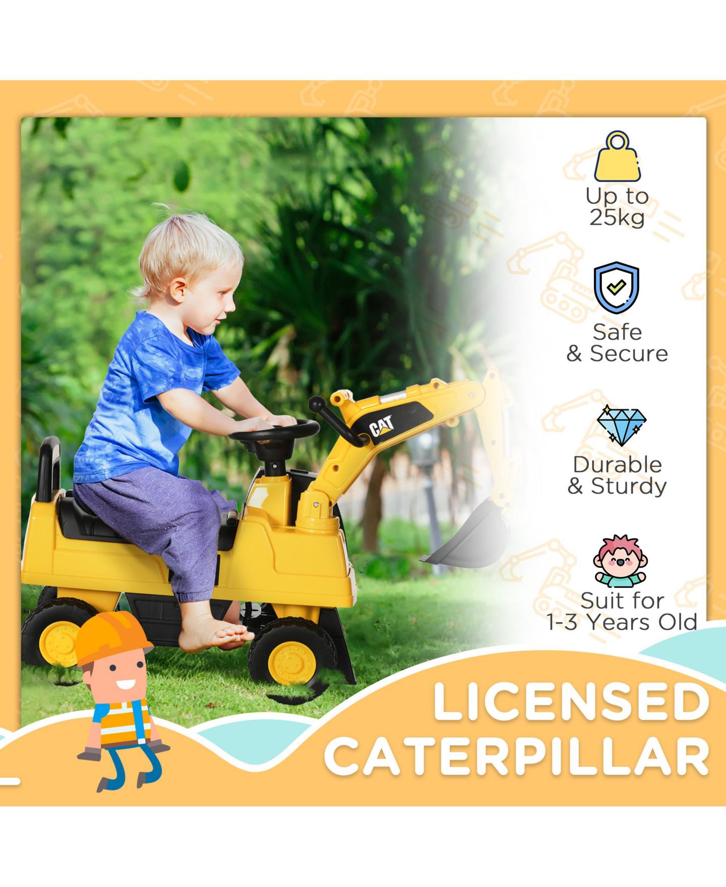 Детская игрушка Streamdale Furniture CAT Excavator Ride-On Toy with Manual Shovel, 55 lbs Capacity, Ages 18-36 Months, цвет: Жёлтый — фото 3
