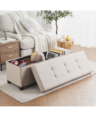 Foldable Tufted 43 Inch Long Linen Bench Storage Ottoman with Legs
