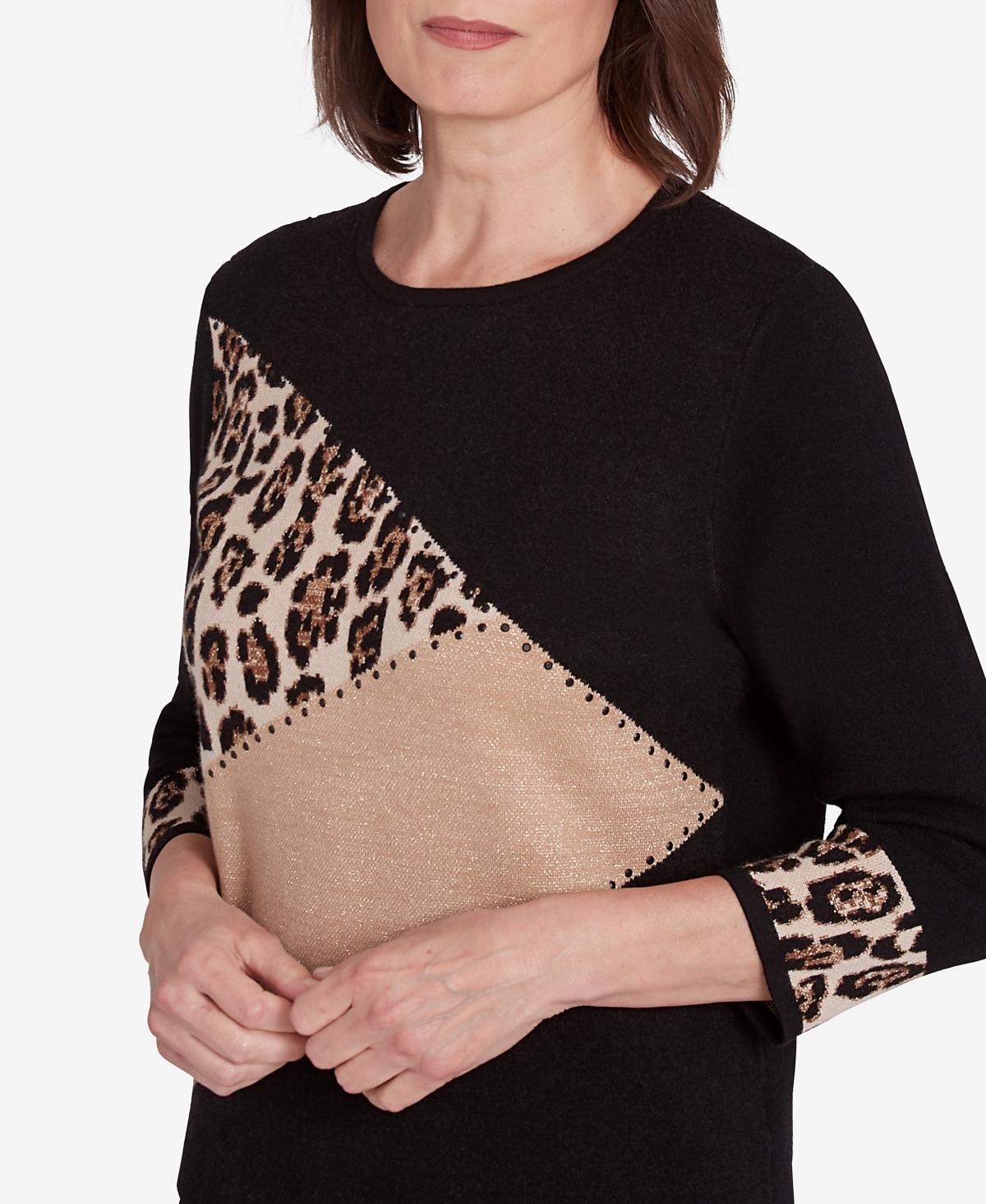 Alfred Dunner Petite Rue Rivoli Animal Trim Color Block Three Quarter Sleeve Sweater