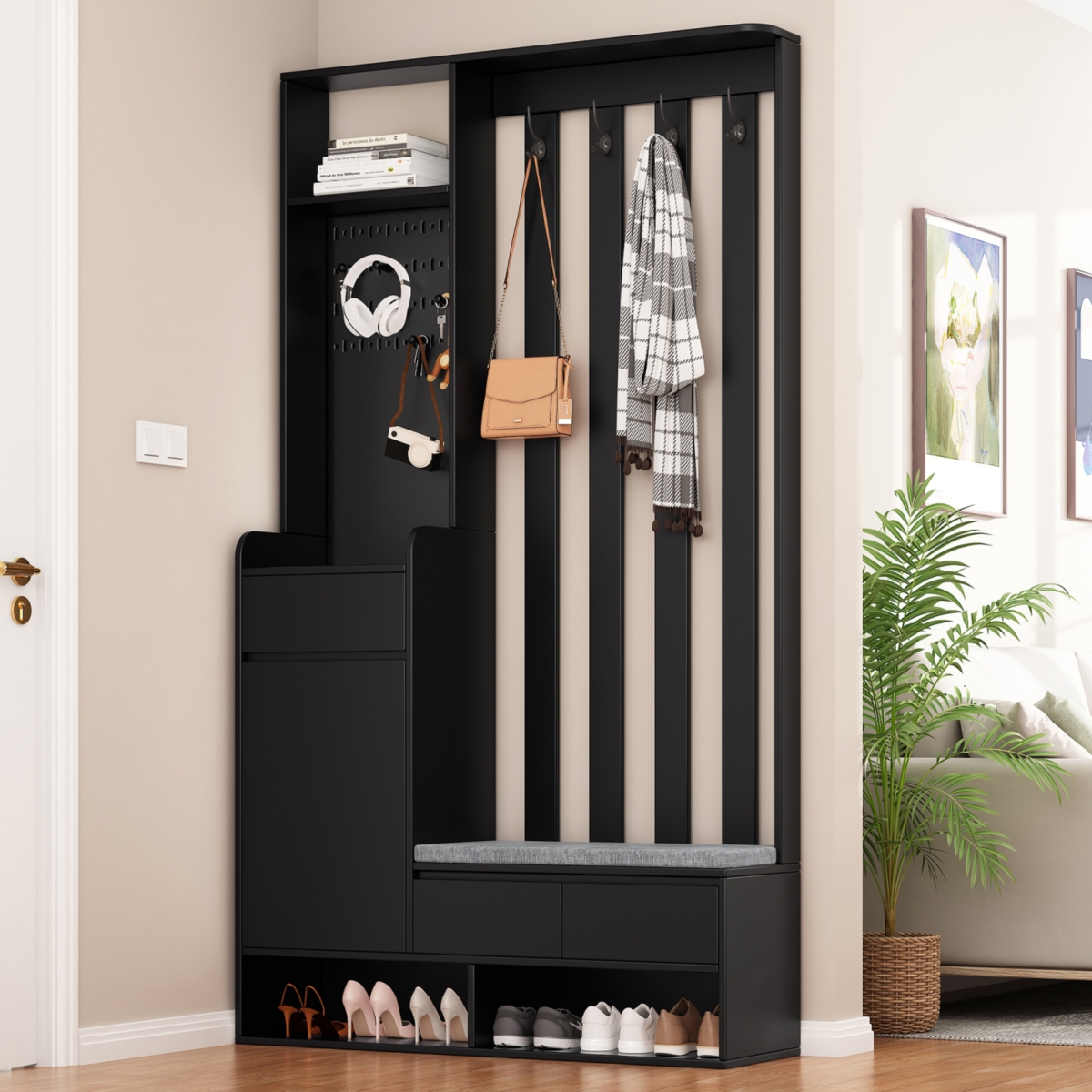 Contemporary 39.3&#x22; Wx70.8&#x22; H Hall Tree Storage with Cushioned Storage Bench, Multifunctional Hallway Shoe Cabinet with Pegboard, Modern Coat