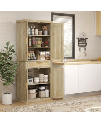 72" Tall Pantry Cabinet with Rattan Decorated Panel, Freestanding Boho Kitchen Storage Cabinet with 4 Doors, Drawer, 5-Tier Shelf and Adjustable Shelves, Oak