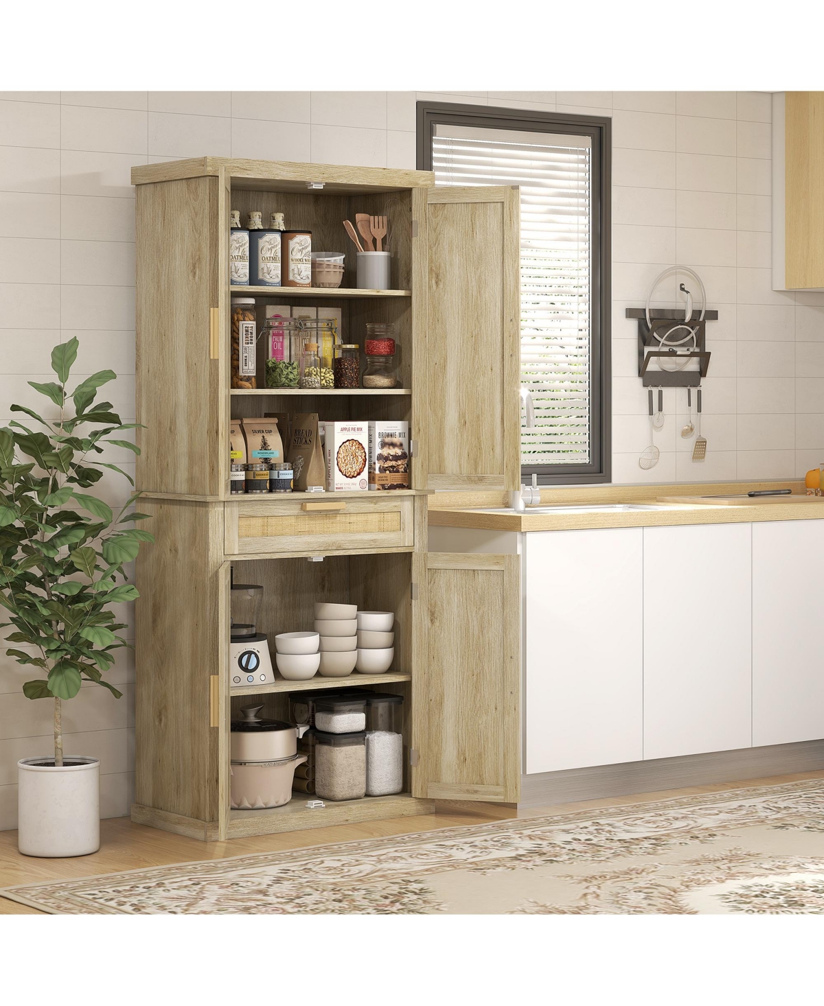 72" Tall Pantry Cabinet with Rattan Decorated Panel, Freestanding Boho Kitchen Storage Cabinet with 4 Doors, Drawer, 5-Tier Shelf and Adjustable