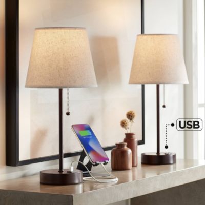 Justin Modern Accent Table Lamps 18 1/4" High Set of 2 Marbled Bronze Metal with USB Charging Ports Oatmeal Drum Shade for Bedroom Desk