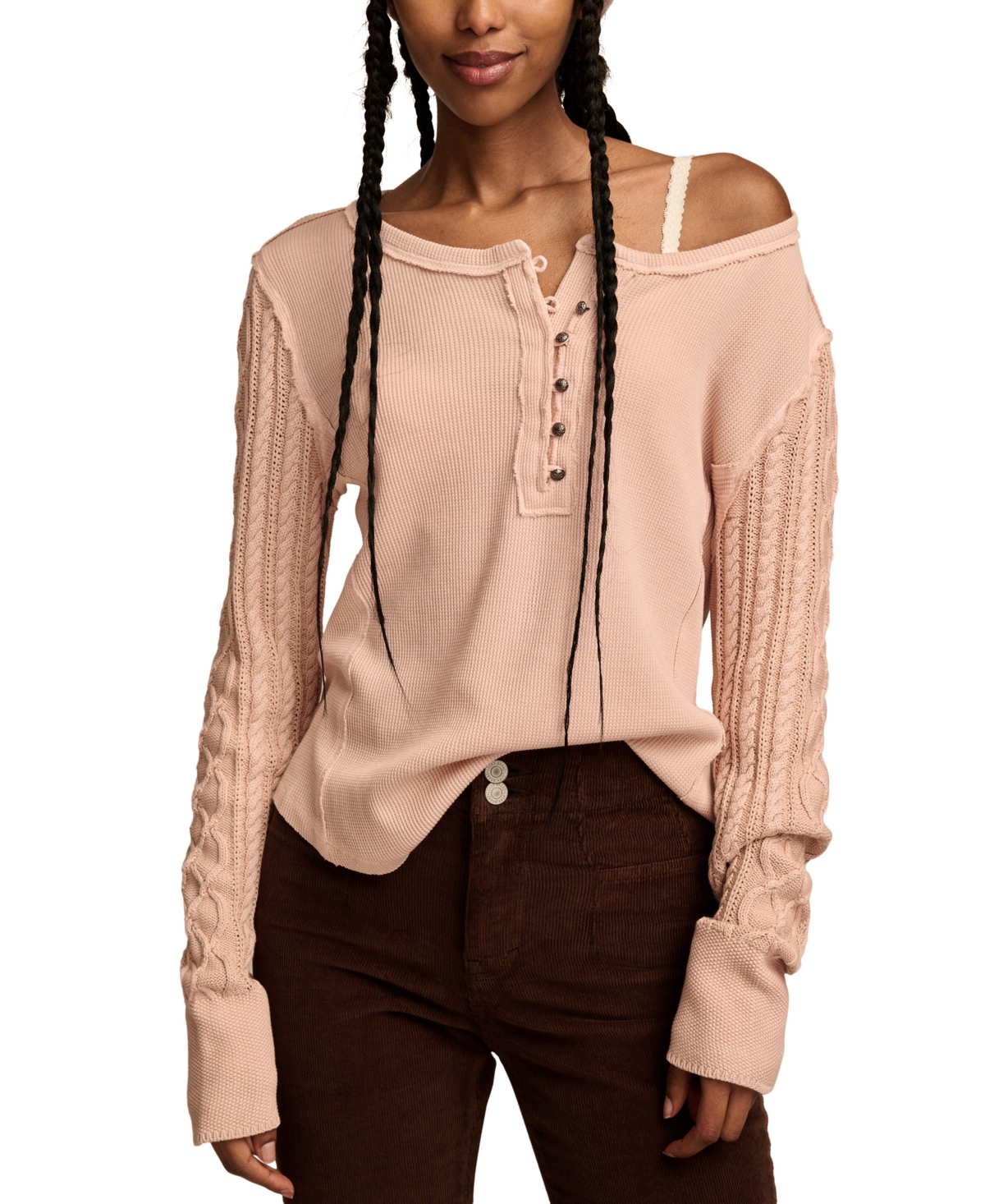 Shop Lucky Brand Women's Cotton Textured Mixed-sleeve Henley Top In Rose Smoke