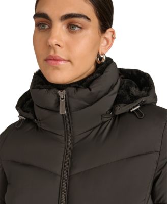 Petite Faux-Fur-Lined Hooded Puffer Coat