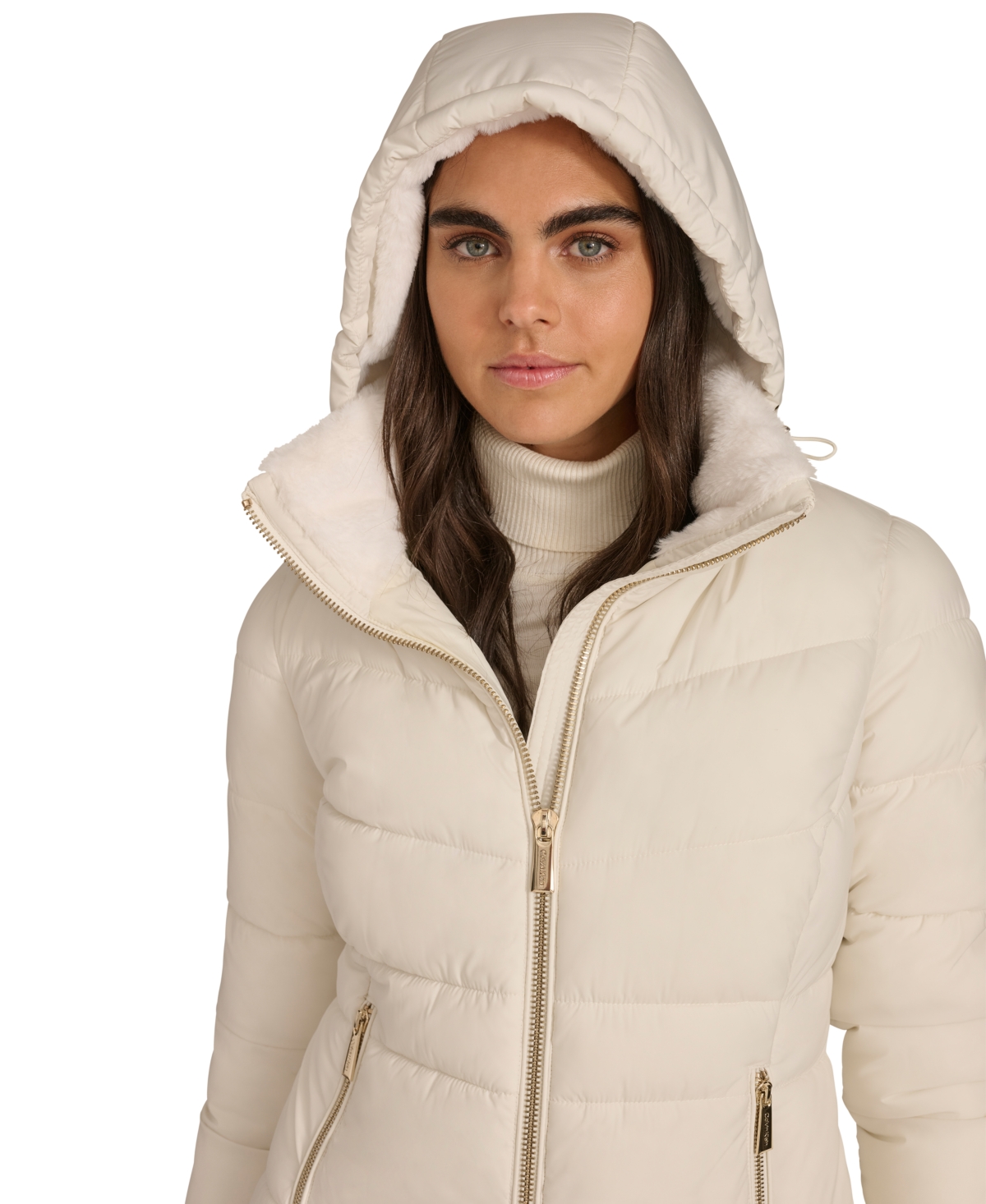 Shop Calvin Klein Petite Faux-fur-lined Hooded Puffer Coat In Eggshell