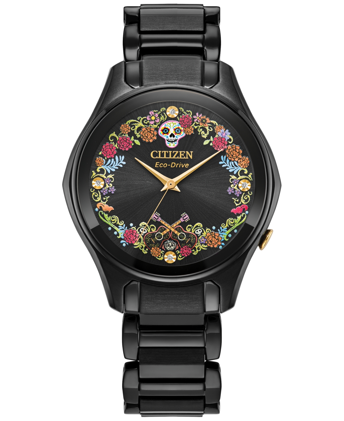 Eco-Drive Women's Disney Pixar Coco Sugar Skull Black-Tone Stainless Steel Bracelet Watch 37mm - Black