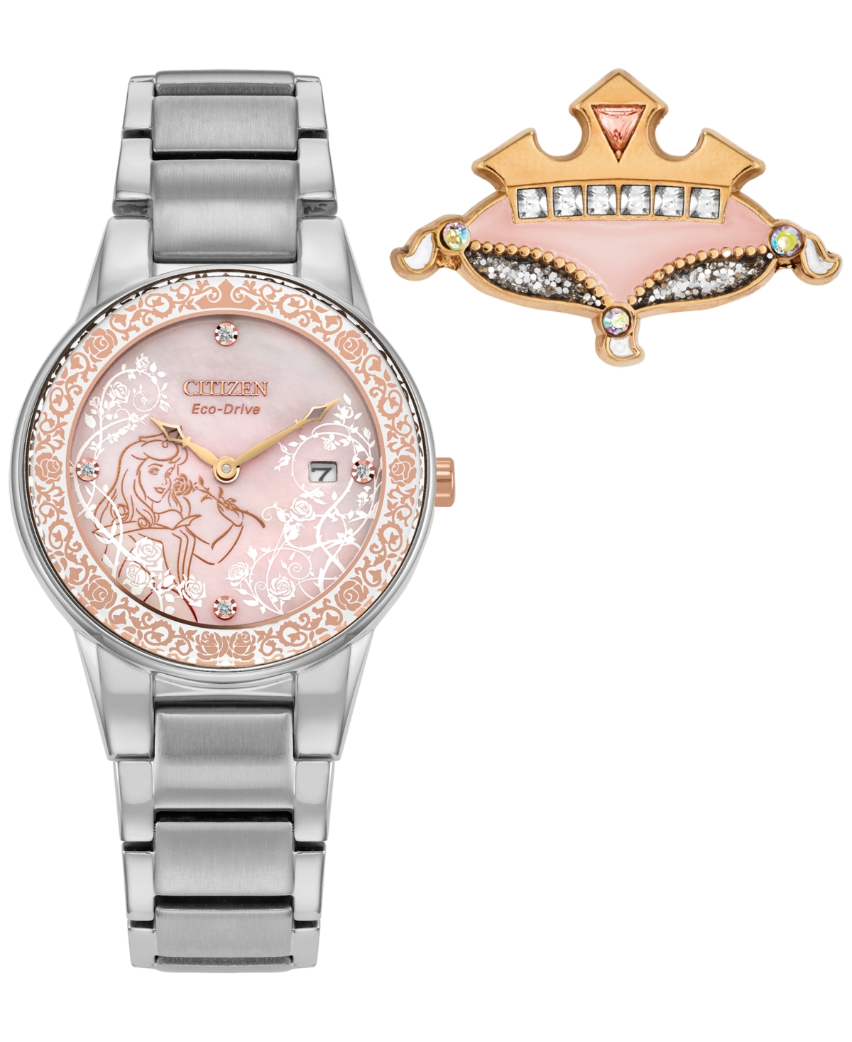 Eco-Drive Women's Disney Princess Sleeping Beauty Aurora Enchanted Stainless Steel Bracelet Watch 30mm Boxed Set - Silver-tone