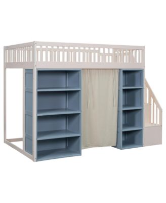  Full Size Loft Bed with 2 Four-layer Storage Cabinets and Curtain