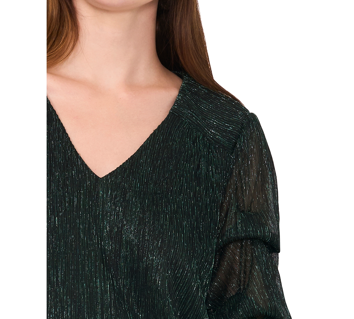 Msk Petite Metallic Lantern-Sleeve Top -Green