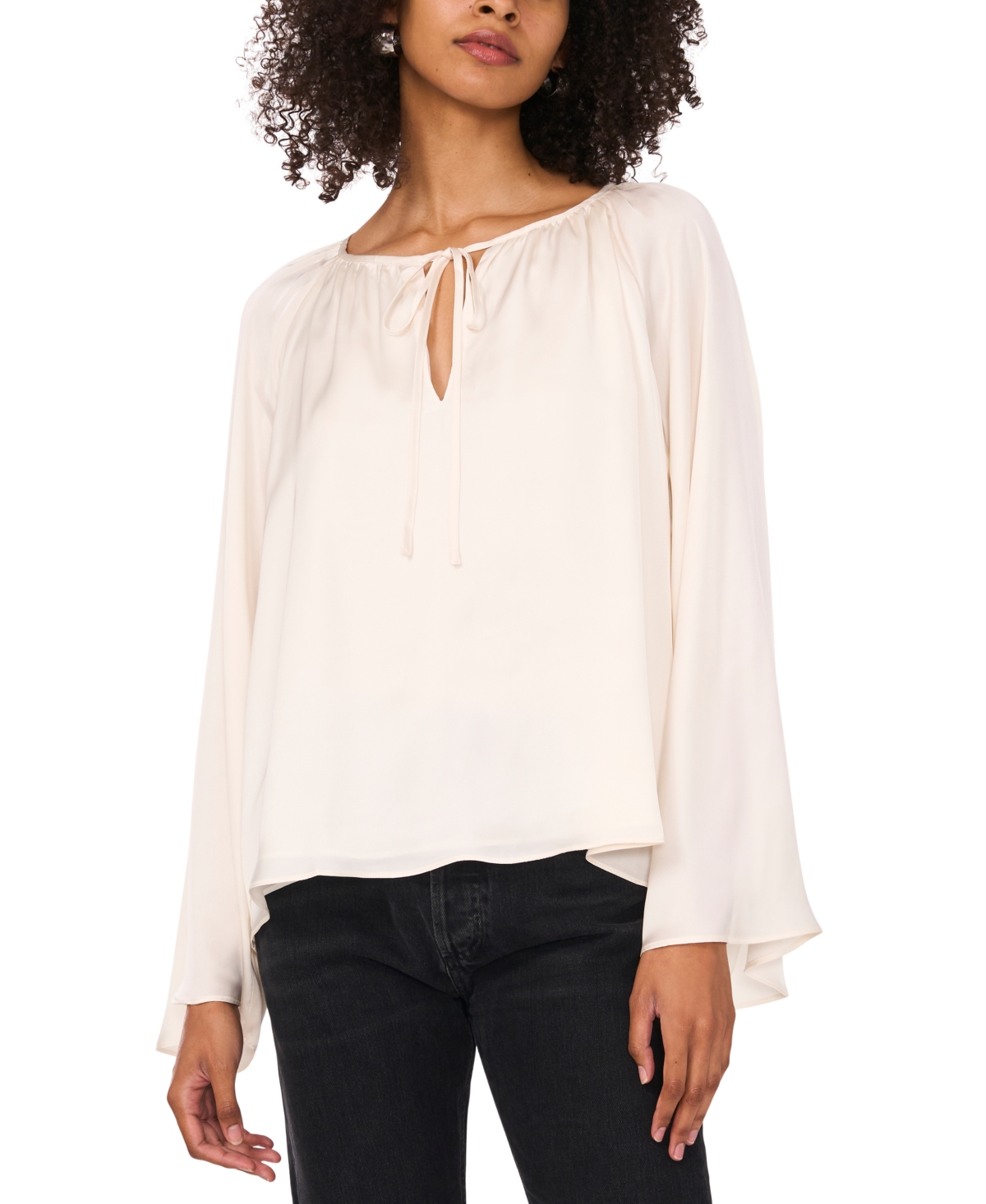 Women's Wide Flutter-Sleeve Tie-Neck Top - Rich Black
