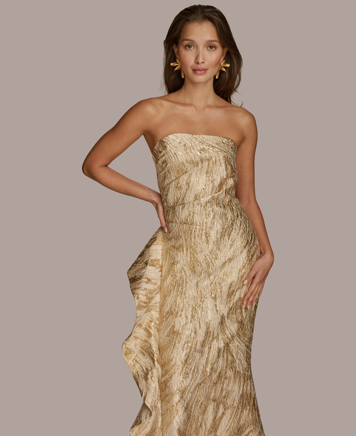 Donna Karan New York Metallic Ruffle Detail Strapless Gown In Champagne Multi